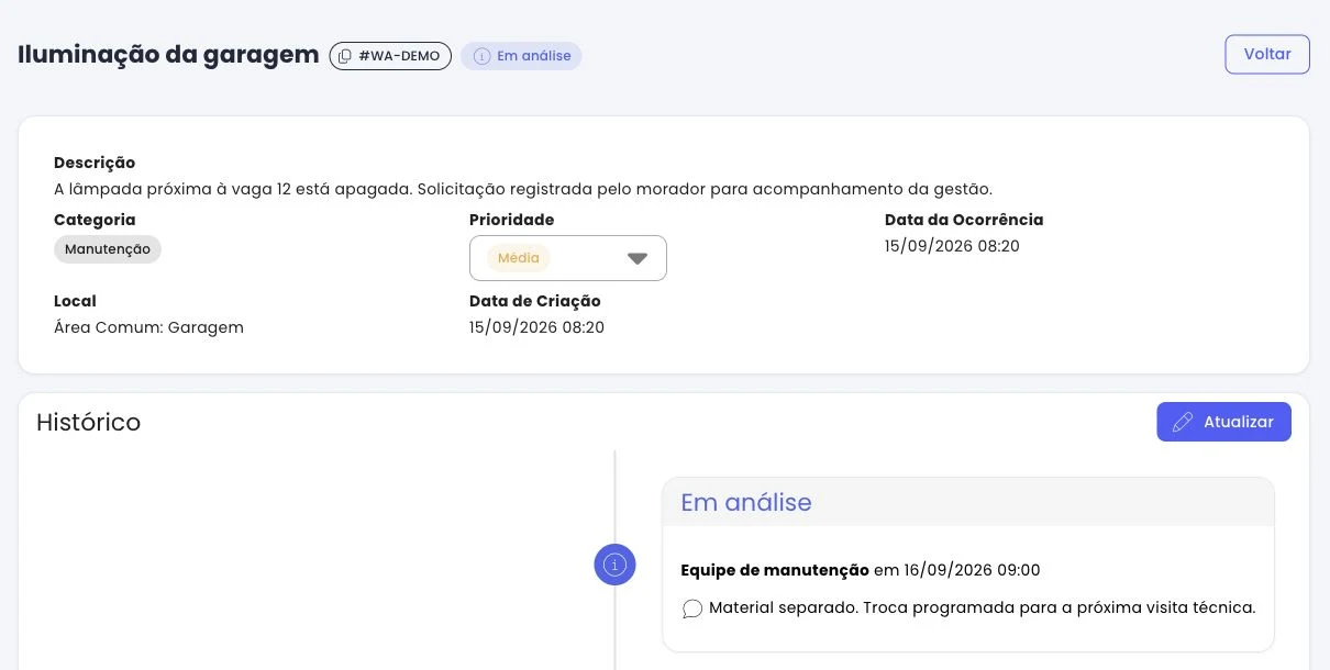Tela real da NuvCondo com o detalhe e o histórico de uma ocorrência de demonstração